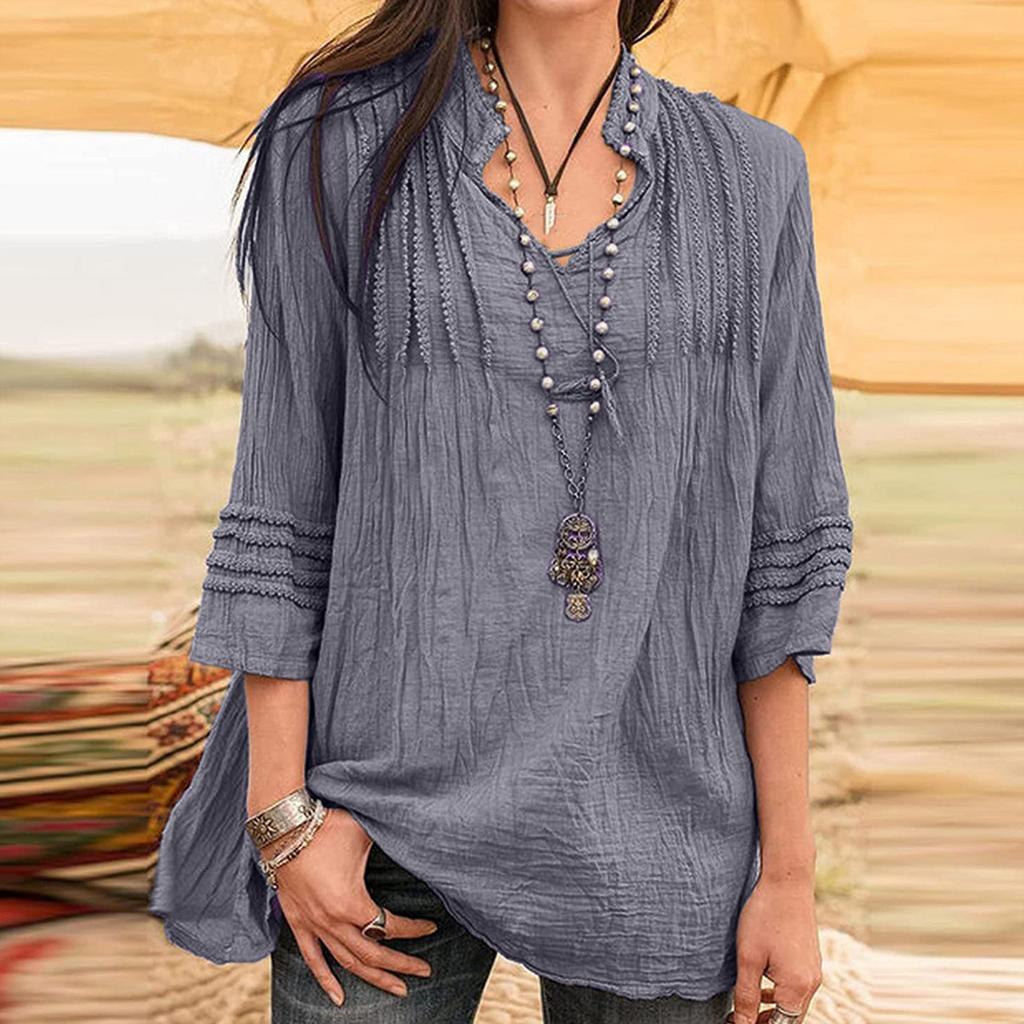 Women Flared Sleeve Tops Solid V-Neck Lace Splicing Fold Three Quarter Sleeve