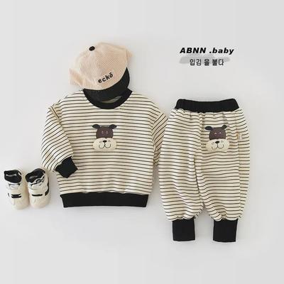 Children's Korean Velvet Striped Sweatshirt and Cartoon Sweatpants Set for Winter