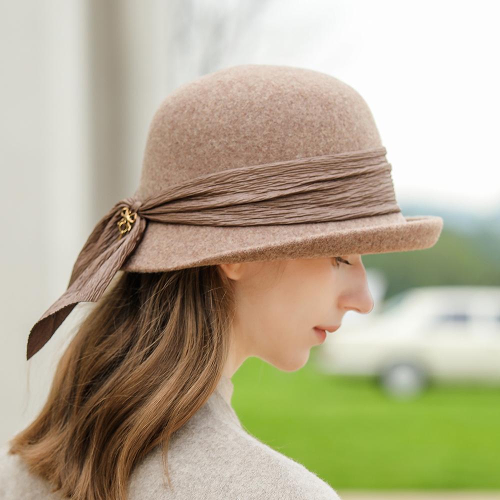 Women Party Formal Headwear Bucket Hat Lady Winter Fashion Asymmetric Ribbon Bowknot 100% Wool Felt Hats