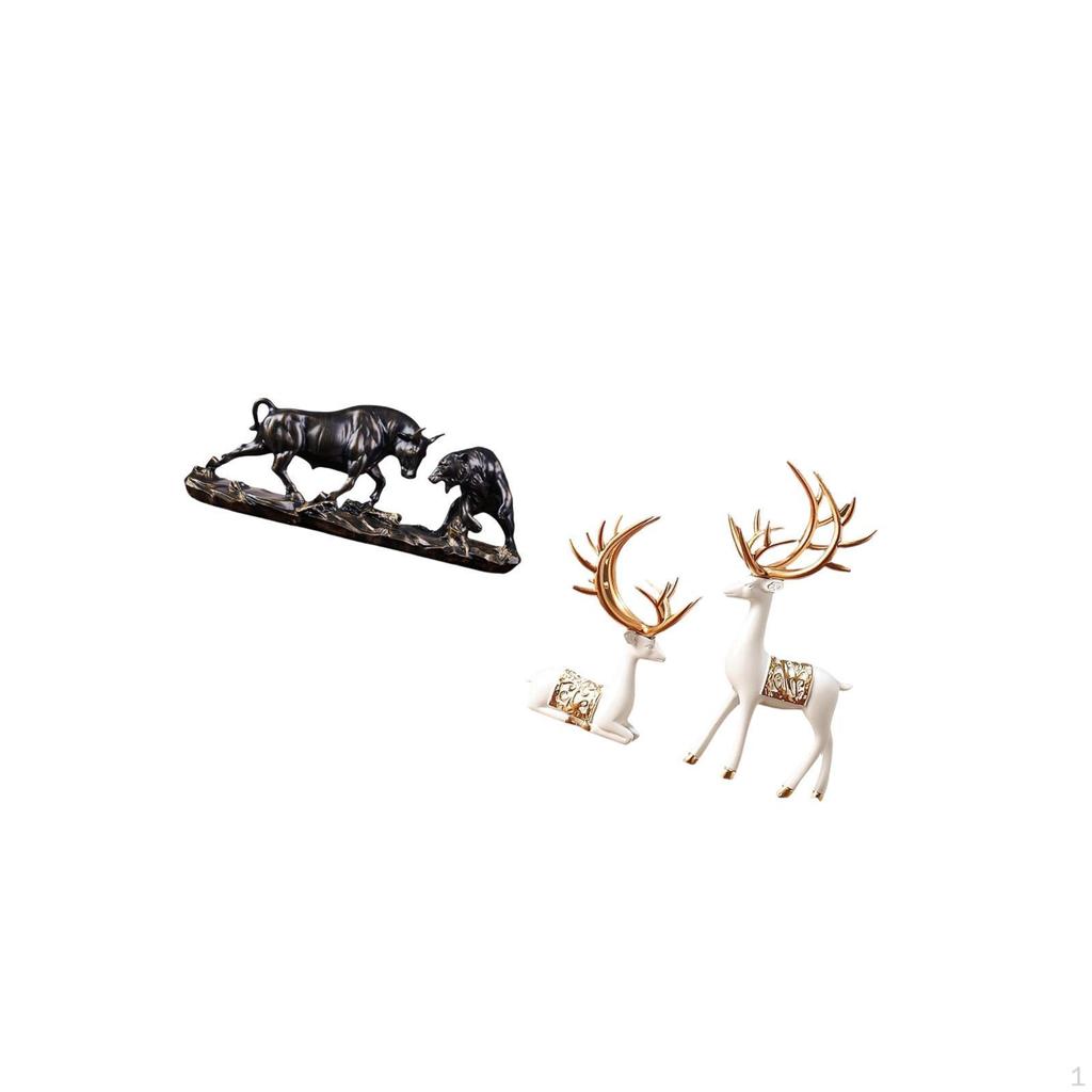 2x European Reindeer Statues And Chinese Bull Figurine Modern Artwork Animal Sculpture Collectable