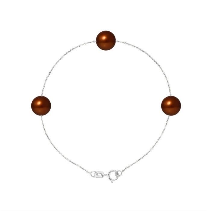 PERLINEA - Bracelet - 3 Genuine Freshwater Cultured Pearls 7-8 mm Chocolate - 925 Sterling Silver - Women's Jewelry