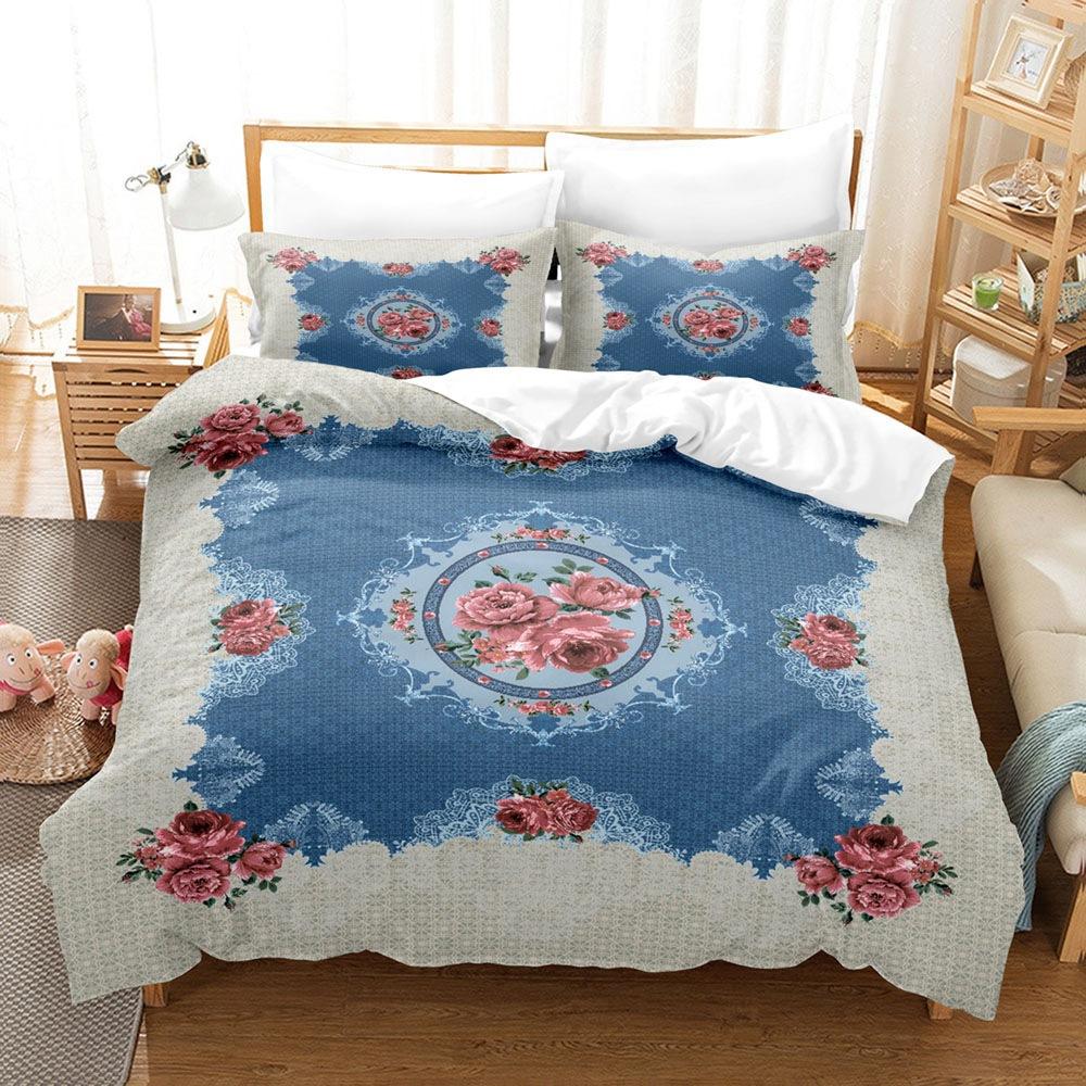 Vintage Court Print Bettbezug, Digitaldruck Blume Feder Dreiteiliges Set
