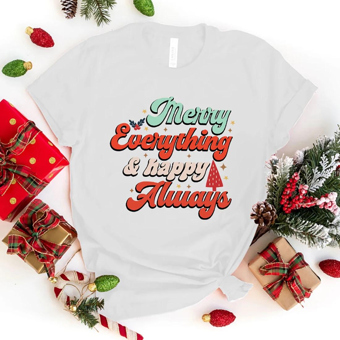 

Christmas Merry Everything Happy Always Print Casual T-Shirt Women T Shirt Summer Casual Short Sleeve Harajuku Tops Unisex Tops XXXL золотой