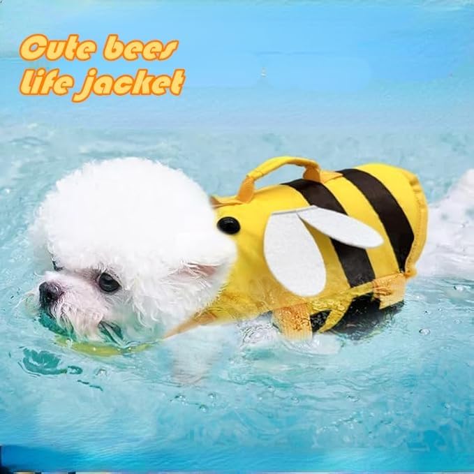 AZA Dog Life Jacket Shark Life Vest with Rescue Handle Cute Bees Costume Girl Adjustable High Buoyancy Swimwear for Small Medium Large Dogs Boy