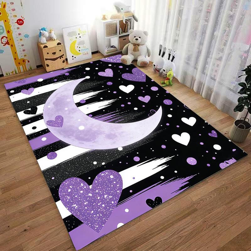 Purple Moon and Heart Pattern Carpet with Black and White Stripes Suitable for Use As an Anti-slip for Living Room Bedroom Sofas