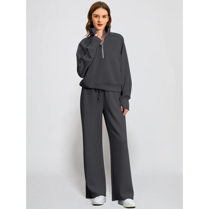 Women's Two-Piece Set: Zipper Sweatshirt & Wide-Leg Sweatpants Casual Outfit