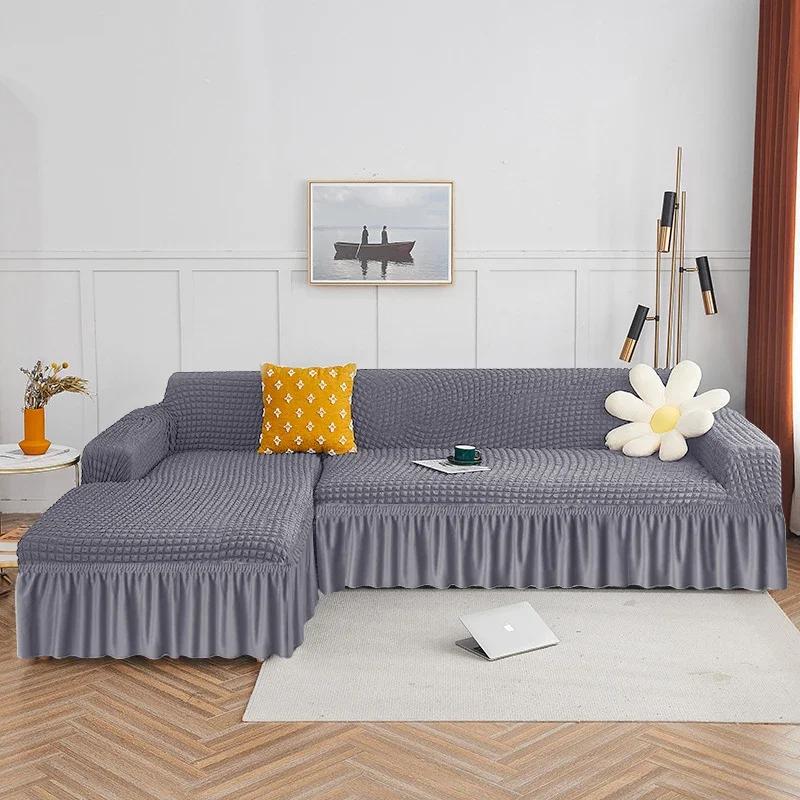 

1 шт. формованная юбка-чехол на диван в клетку из сирсакера, однотонный полосатый чехол на диван для гостиной, эластичный чехол для кресла на 1/2/3/4 места 4-seater 235-300cm