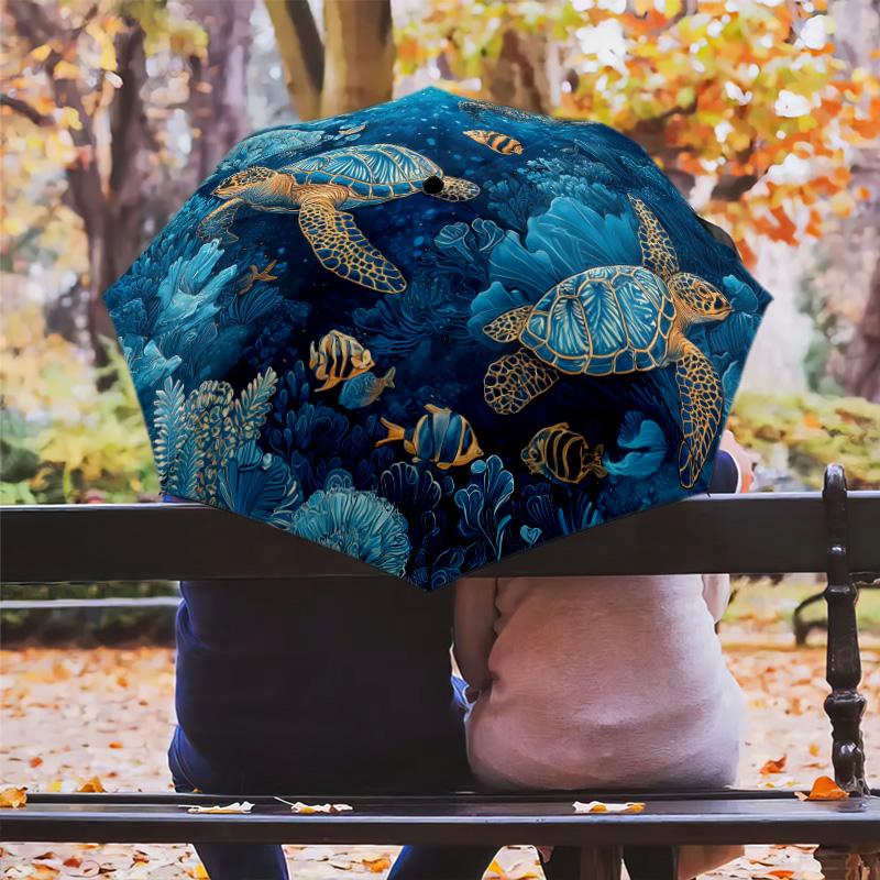 Sea Turtle Pattern, Automatic Folding Umbrella, Portable and Foldable Design, 8 Ribs, a Christmas or Birthday Gift.