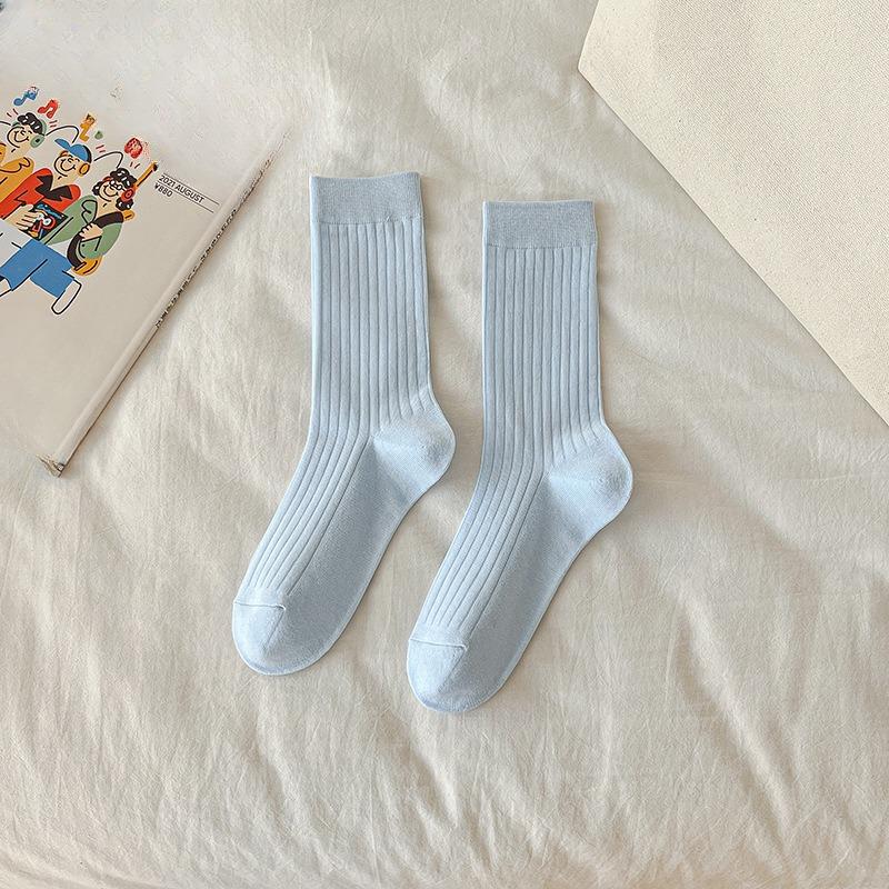 Female Summer Thin Simple Pure Color All Build Vertical Bar Wicking High Tube Cotton Socks