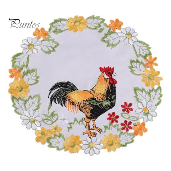 Afternoon Tea Table Settings Pastoral Rooster Embroidered Placemat, Decorative Lace Floral Pattern Round Placemats Mat, Polyester Vintage Mat