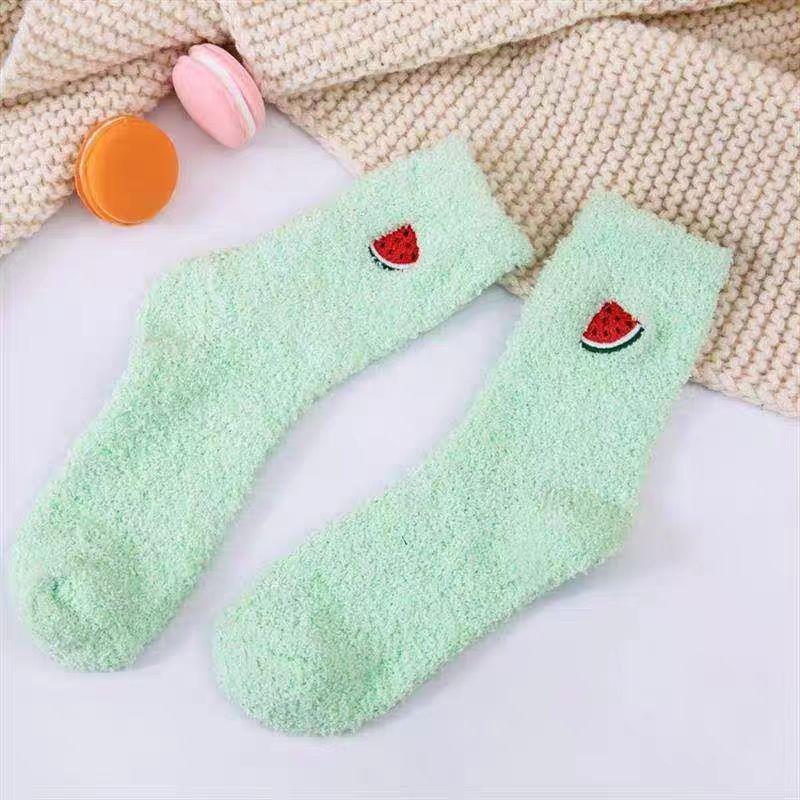 Kawaii Women's Fruit Embroidery Socks Fluffy Warm Plush Socks Female Fashion Winter Coldproof Floor Sleep Socks Snow Terry Sock