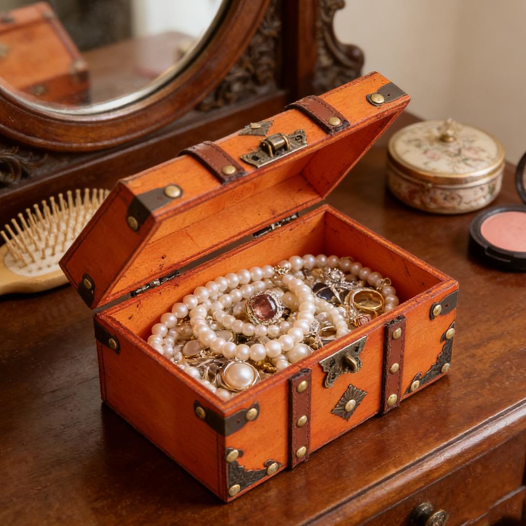 Wooden Treasure Chest Box Vintage Decorative Antique Wood Jewelry Box with Lock Hinged Lid Small Size