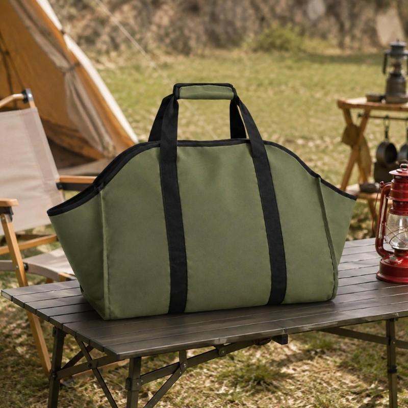 Folding Firewood Bag with a Broad Opening and Reinforced Handles for Hearth, Fire Pit, Camping, and Cabin Wood Transport
