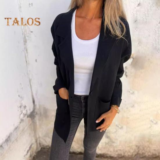 Damen Herbst Winterjacke Reverskragen Lockerer Freizeitmantel mit Tasche Einreihiges Einfarbiges Langarmoberteil