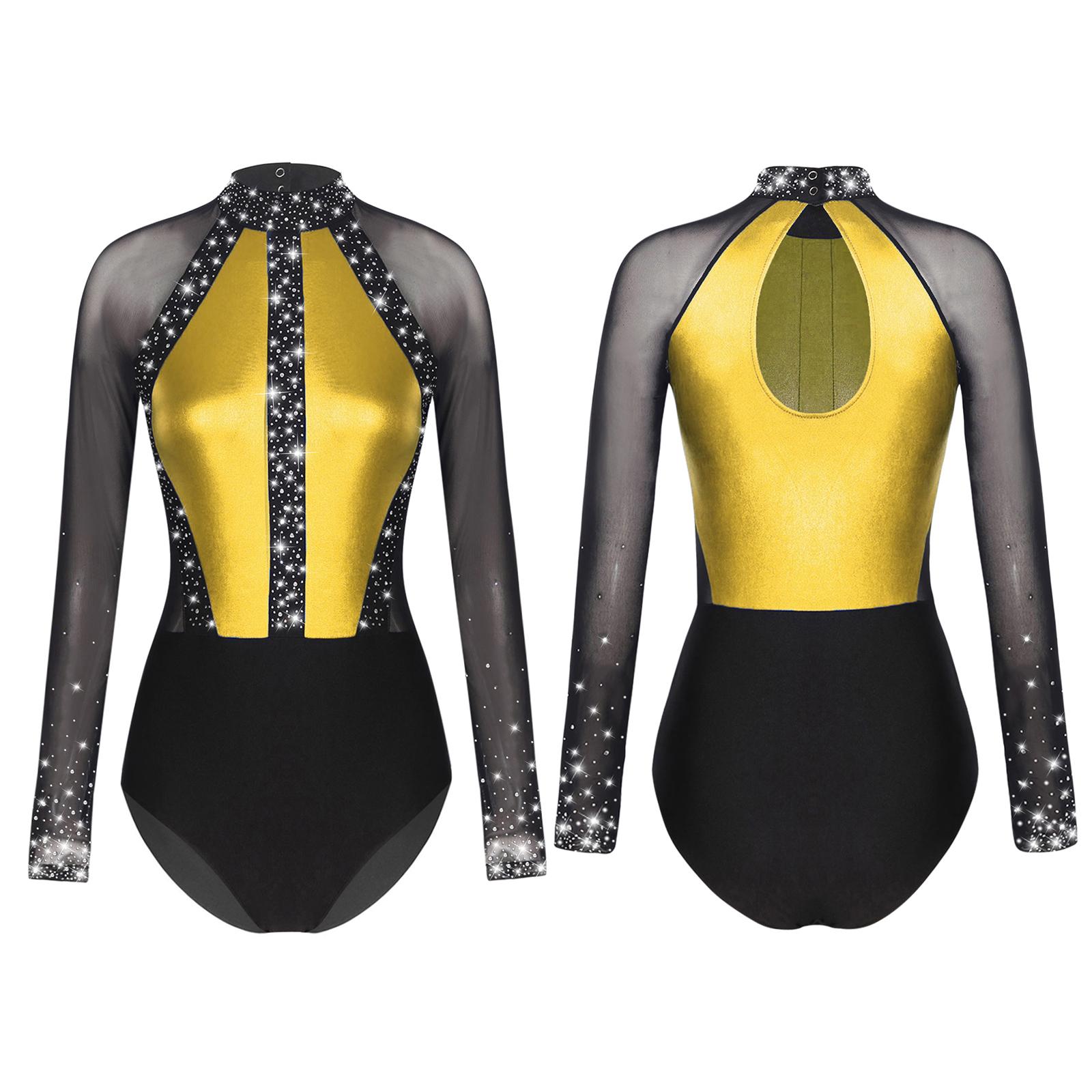 

Женский купальник со стразами для балета, гимнастики и танцев, боди с длинными рукавами, костюм для фигурного катания, танца S