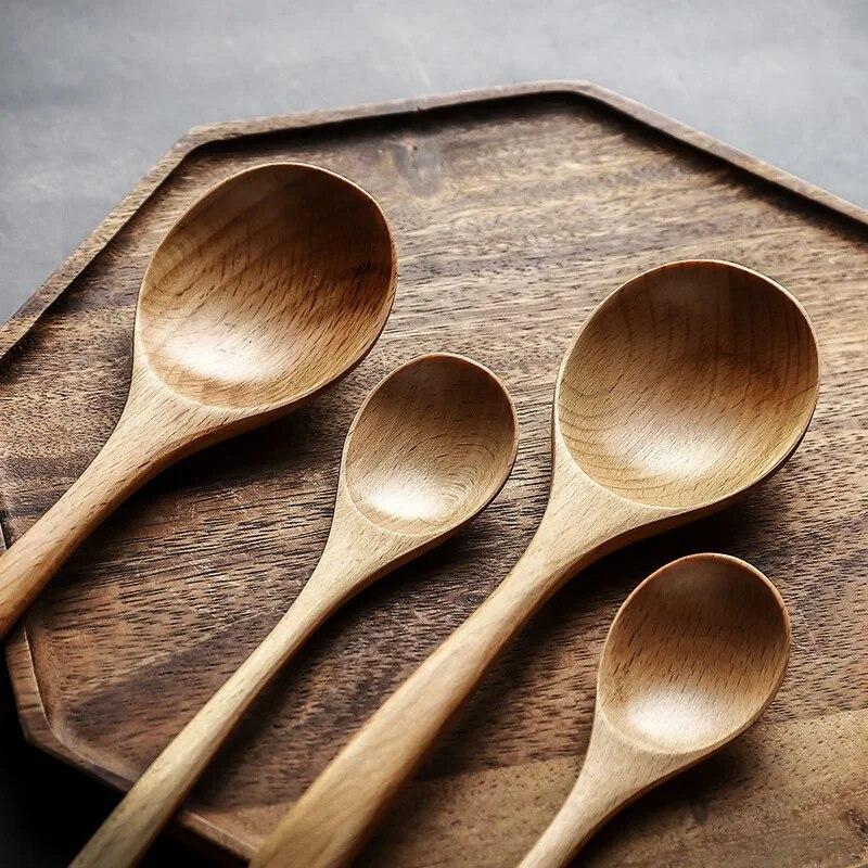 Japanese Style Soup Spoons Long Handle Tableware Kitchen Wooden Porridge Rice Spoon Teaspoon Dinnerware Cooking Utensils