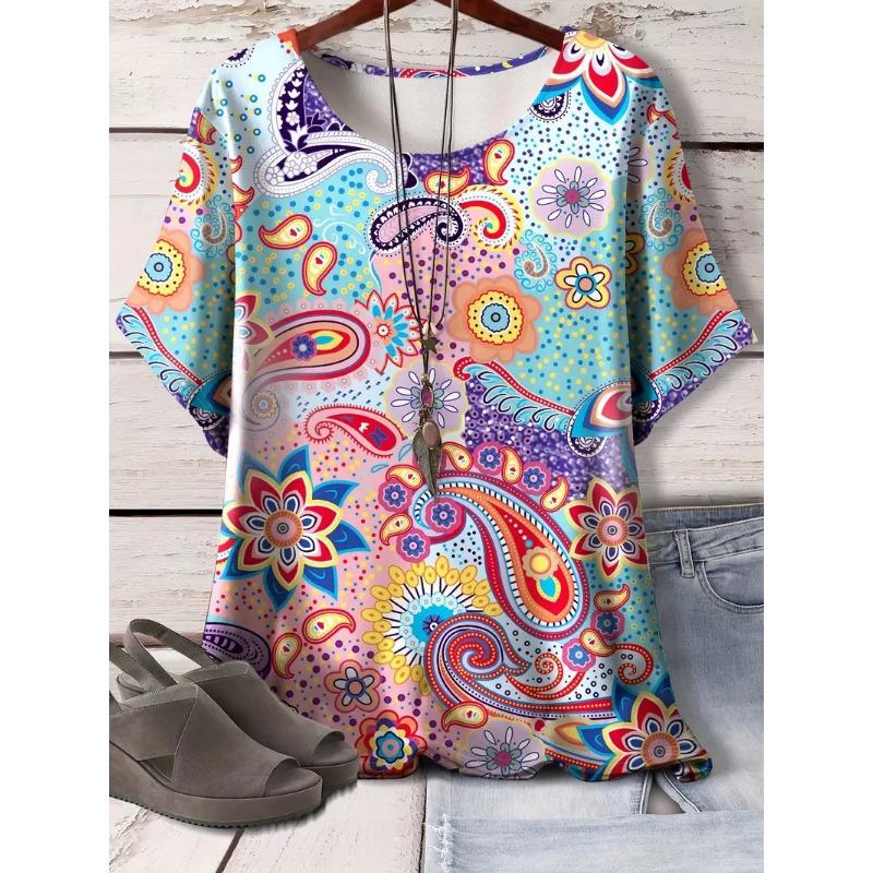 Summer Round Neck 3D Retro Ethnic Style Printed Top Fashionable Casual Short Sleeved Women's Plus SizeT-shirts