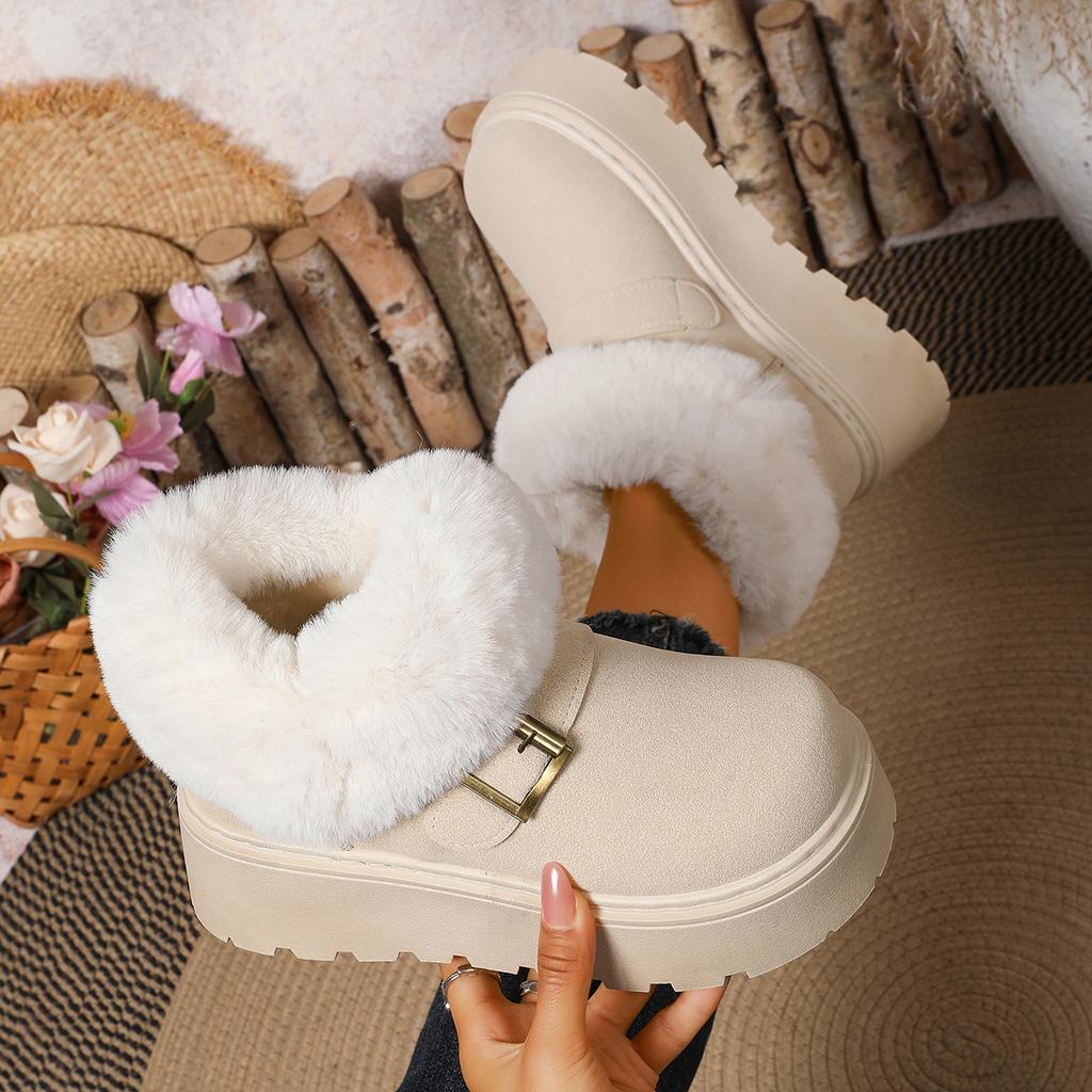 Fashion Thick Bottom Plush Winter Snow Boots Women Fluffy Faux Fur Platform Ankle Boots Woman Buckle Strap Non Slip Warm Cotton Shoes