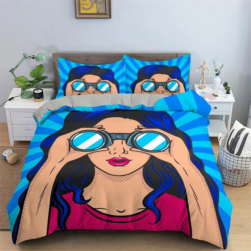 Cartoon Girls Duvet Cover Cute Lipstick Fashion Theme for Women Gifts for Bedroom Decorations with Pillowcase Queen King Size