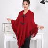 Women S Solid Color Double Layer Tassel Horn Button Cape Shawl