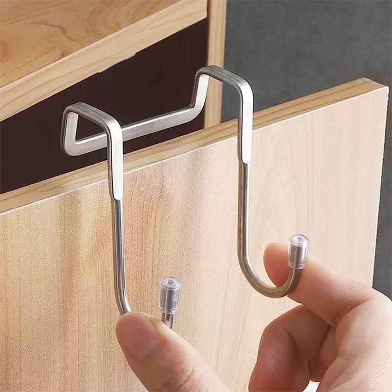 Stainless Steel Double Hook No-Punch Door Hanger for Kitchen, Bathroom & Dorm - Multi-Functional Cabinet Storage Rack