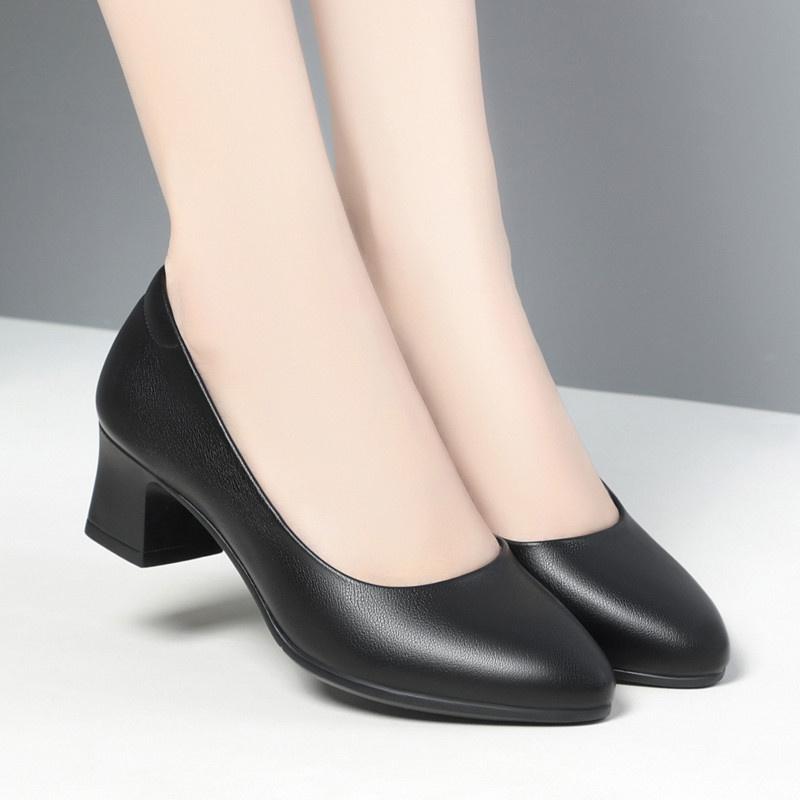 

Модная женская черная обувь с неглубоким вырезом и низким каблуком, весенне-осенняя, модная, с круглым носком, на толстом каблуке, легкая, для работы в офисе, одинарная обувь 35