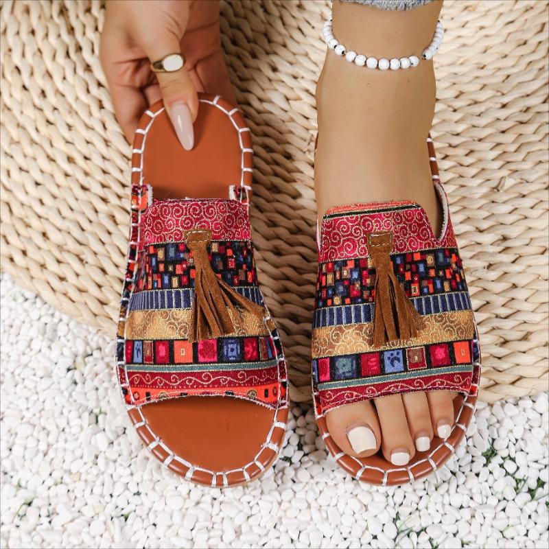 Fashion New Bohemia Style Print Flat Sandals Women 2025 Summer Tassels Decor Beach Slippers Outdoor Elegant Slippers Women Slides Women