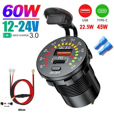 60 W QC3.0 USB Typ-C Autoladegerät mit Spannungsanzeigemonitor, wasserdichter Schnellladeadapter für iPhone Android (12-24V)