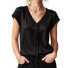 Women Satin Lace Trim V Neck Short Sleeve Blouse with Tie Front Loose Fit Lightweight Top for Daily Office Wear