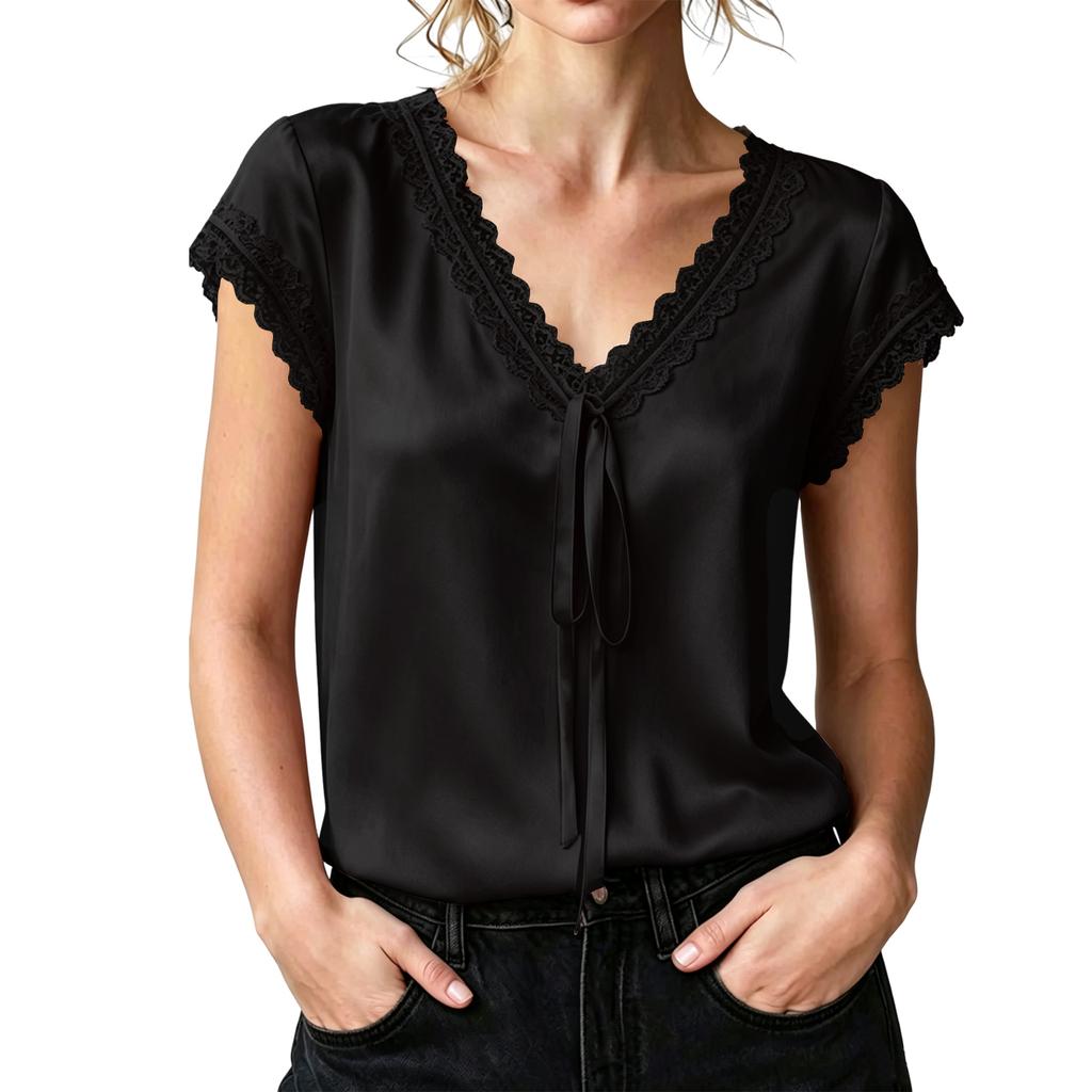 Women Satin Lace Trim V Neck Short Sleeve Blouse with Tie Front Loose Fit Lightweight Top for Daily Office Wear