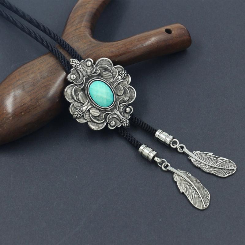 Engraving Stone Bolo Tie Carved Necktie for Shirt Jeans Western Necklace Braided Shoestring Necktie Bolo Tie