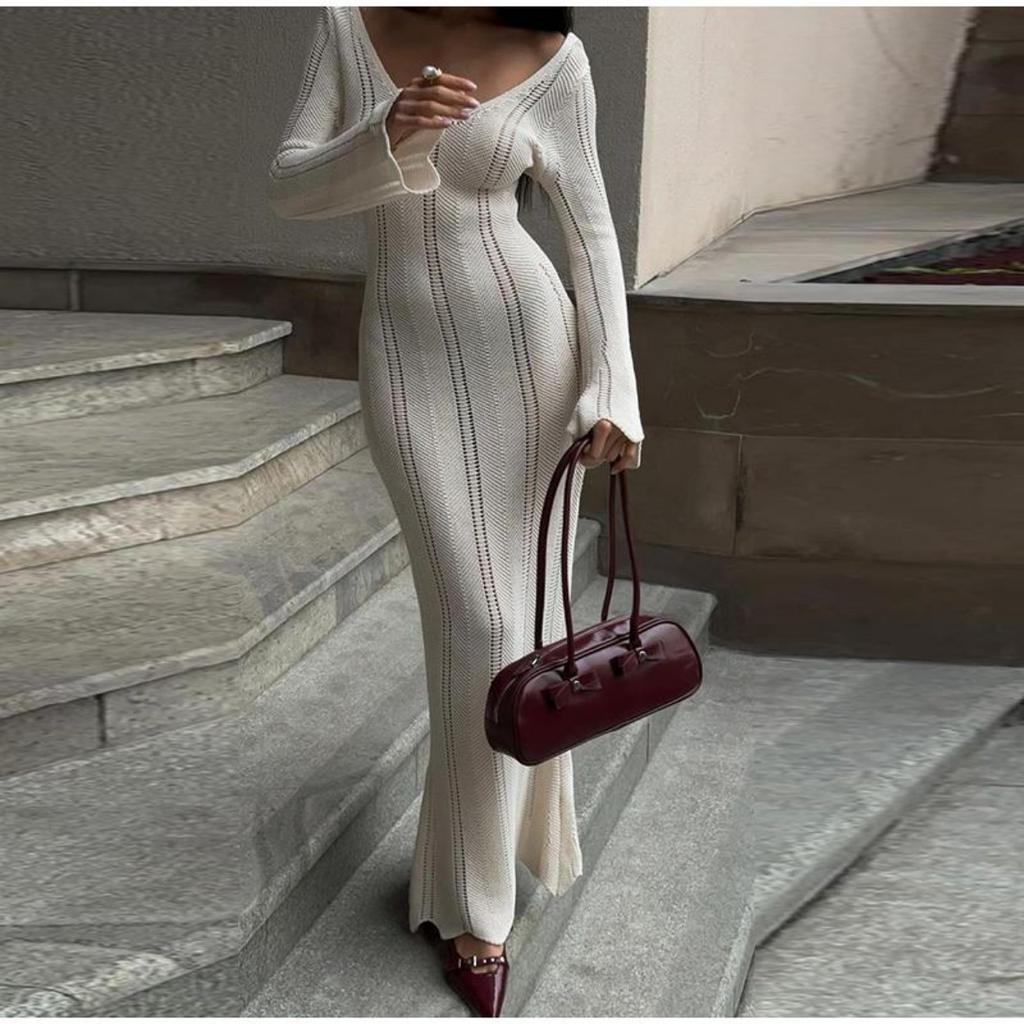 Knit Slim Round Neck Hollow Out Women Dress Summer Solid Soft Long Sleeves Lady Robe