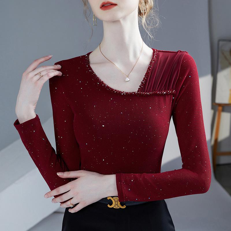Women's Hand-Beaded Mesh Top - Slanted Neck, Long Sleeve, Autumn/Spring Fashion