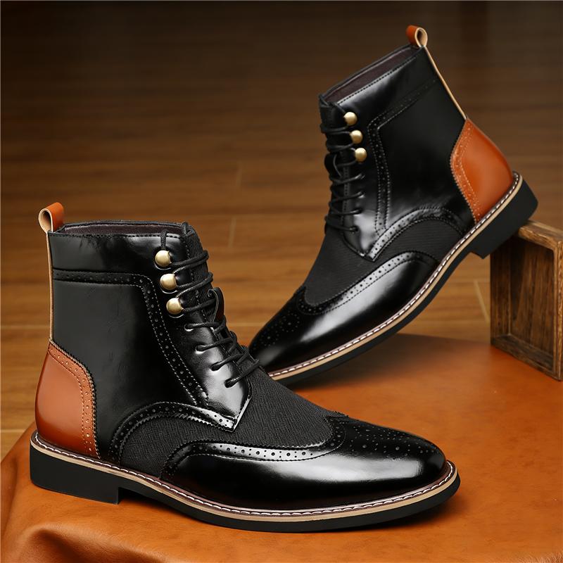 Luxury Designer New Men Pointed Mixed Leather Motorcycle Casual Oxford Ankle Boot Male Brand Winter High Tops Shoes