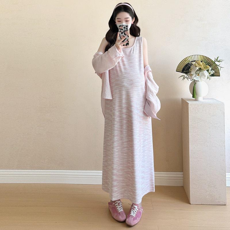 2026 Colorful Tie-Dye Vest Dress + Sun Protection Shirt for Pregnant Women, Slimming & Loose Ice-Cool Maternity Set