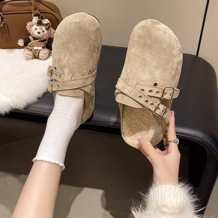 Leopard print inner heightening platform Boken shoes women wear autumn and winter velvet lazy retro ugly cute big head bag head half slippers