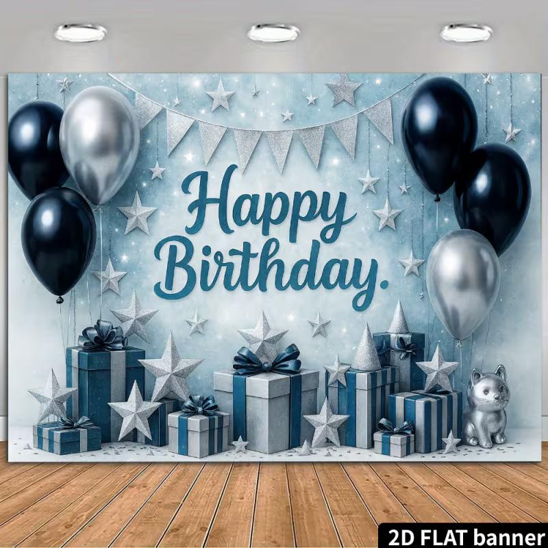 2D Modern Blue Silver Black Happy Birthday Party Background