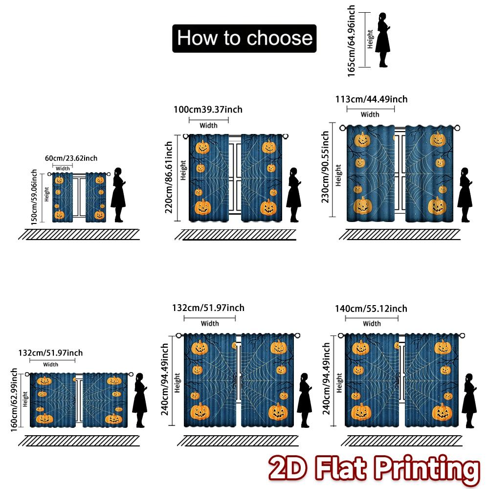 2D FLAT PRINTING 2pcs Curtains (Without Rod) Halloween Night with Spider and Pumpkins Easter Festival Creative Curtains