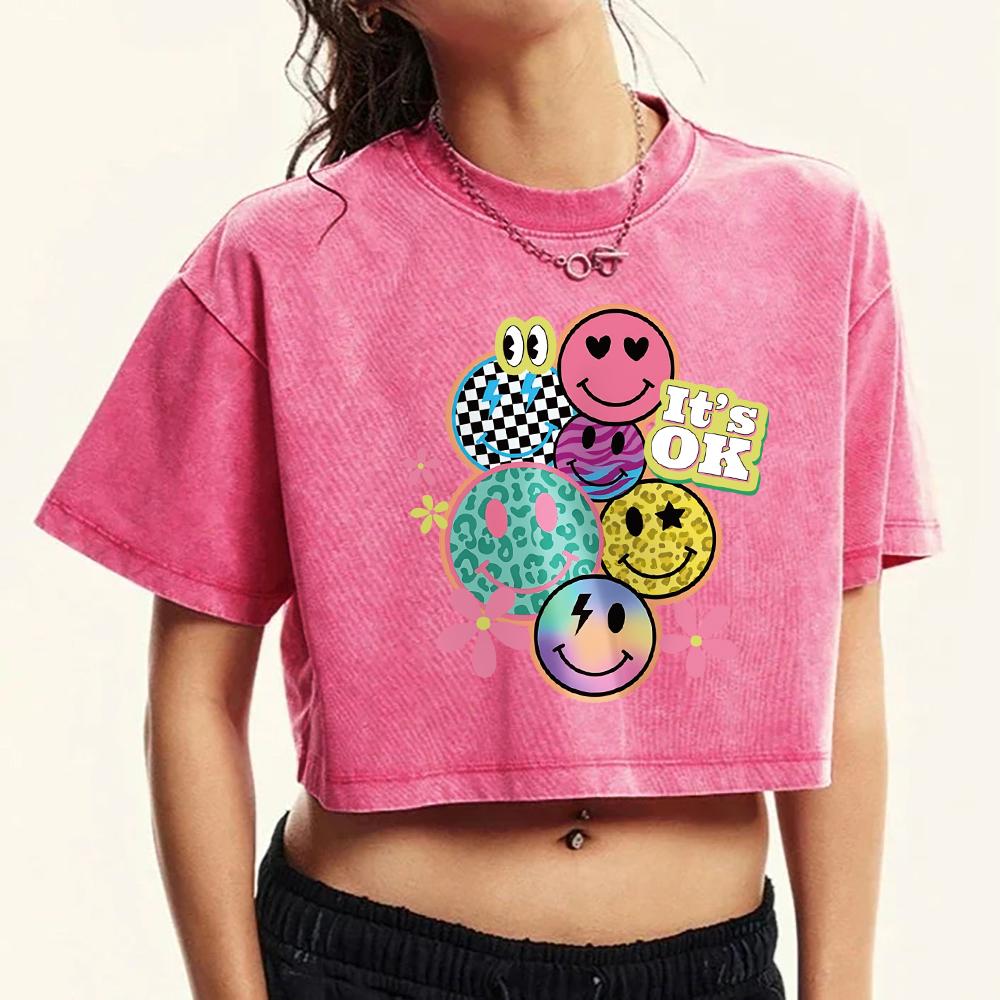 It'S Ok Happy Face Flower Print Washed Crop T-Shirt Female Fashion Cotton T Shirts Multicolor Casual Clothes Tops