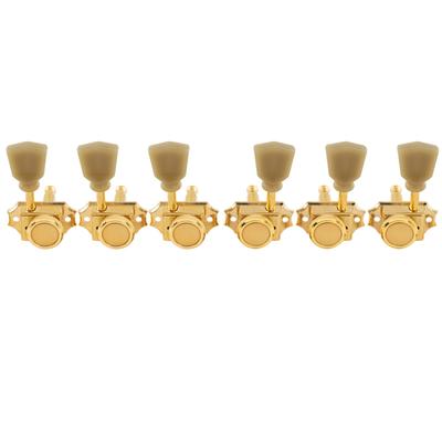 Musiclily Pro Vintage 3L+3R Locking Tuners for LP Les Paul Electric/Acoustic Guitars, Gold/Green Buttons