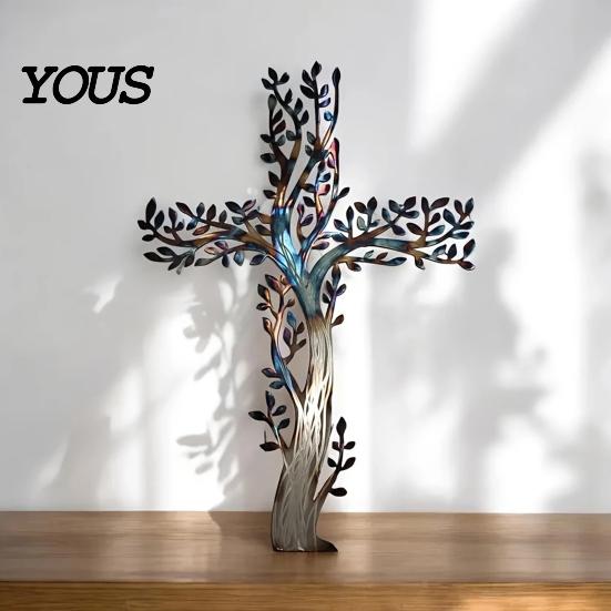 Metal Tree Wall Hanging Cross Art, of Life Crosses Retro Style Art Decor, for Garden Living Room Bedroom Gradient Color
