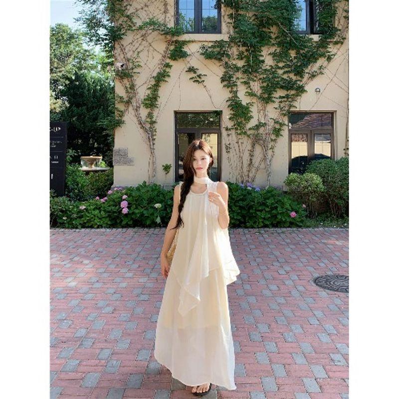 

Комплект в праздничном стиле Кумикуми Французский стиль Лента Асимметричный жилет Женская одежда Летнее платье-слинг Набор из трех предметов Milk apricot three-piece set One size