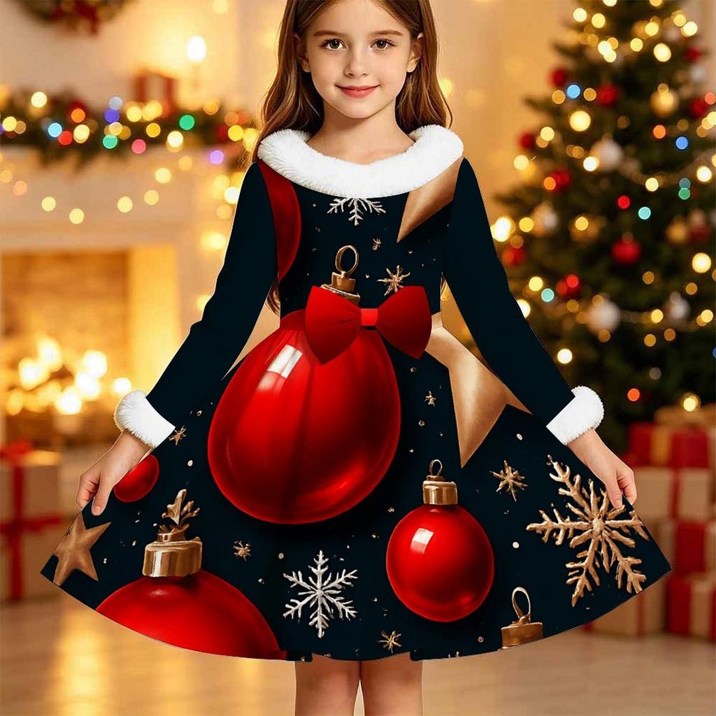 Kids Long Sleeve Christmas Dress, Snowman Print Faux Fur Collar Bow Decor Princess Dresses for Girl Holiday Party Wear