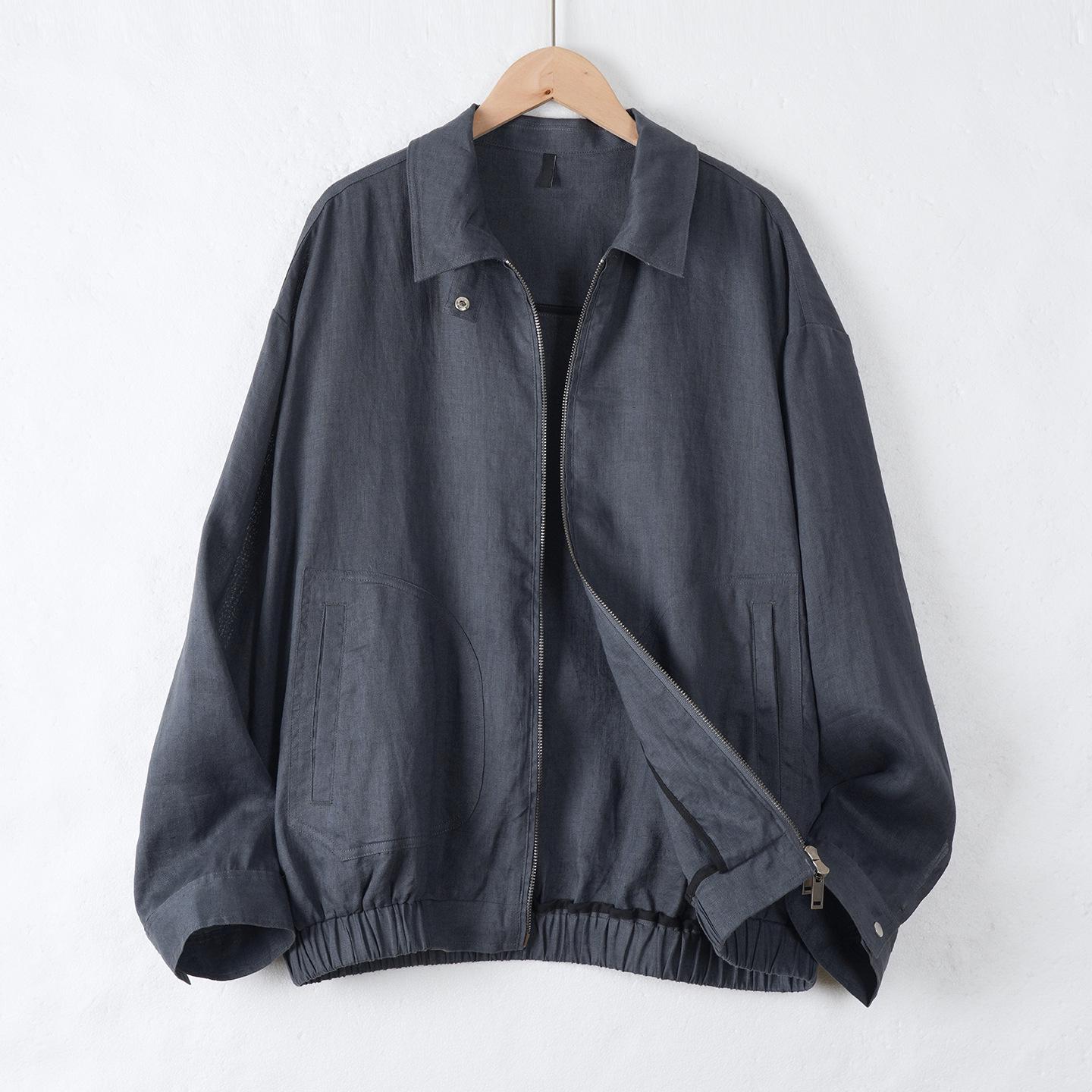 

Men s Luxury Linen Jacket - Spring/Summer Classic Lapel Casual Zipper Cardigan L темно-синього кольору