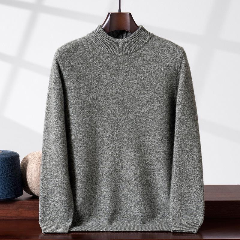 Men's Thickened Cashmere Sweater, Half-High Neck Pullover, Heather Yarn, Long Sleeves, Warm Base Layer
