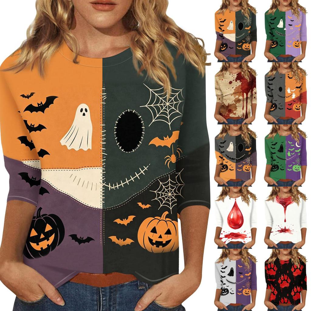 Women's Casual Halloween Print Three Quarter Sleeve Round Neck Top Comfortable Fit Lightweight Fabric Stylish Design