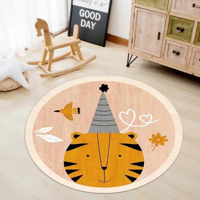 Cute Animal Patterned Round Rug with Bunny Lion Tiger Whale Sheep Designs Floor Mat for Kids Room Decor Adding Playful Charm