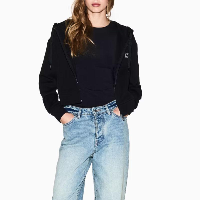 Armani Exchange Solid Color Hooded Zip-Up Sweatshirt Women Tops Black XW000822-AF10818-UC001