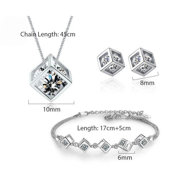 5 Style 925 Sterling Silver Jewelry Sets Zircon Square Cube Necklace +Earrings +Bracelet for Women Gift