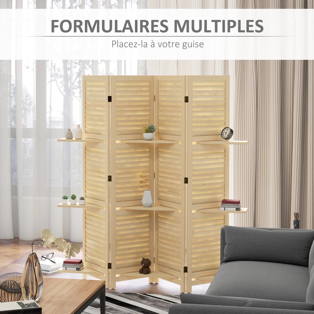 Indoor Room Divider 4 Panels 160L x 170H cm 3 Shelves Foldable Room Separator Louvred Doors Natural
